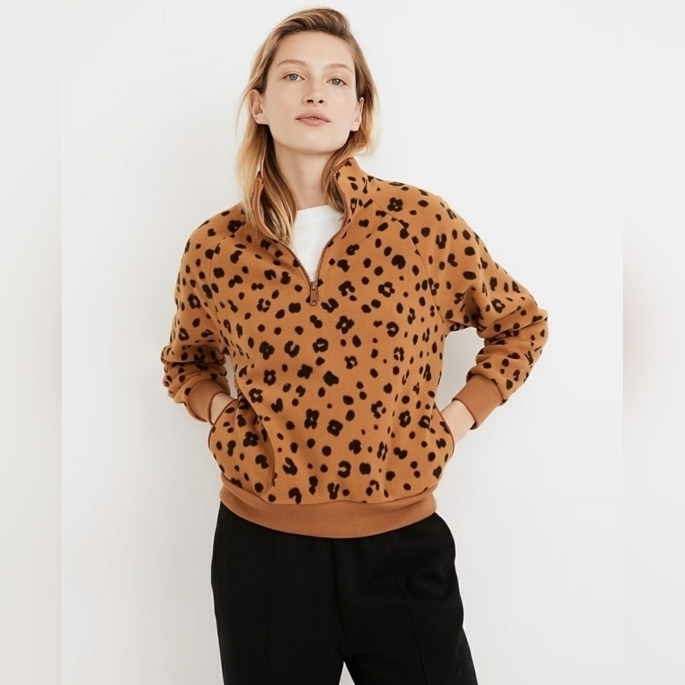 🍁Madewell MWL Betterfleece Half-Zip Sweatshirt in Cheetah Print, Size XS
